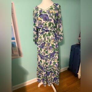 Nina Leonard Long Sleeve Floral Dress in Blue and Green